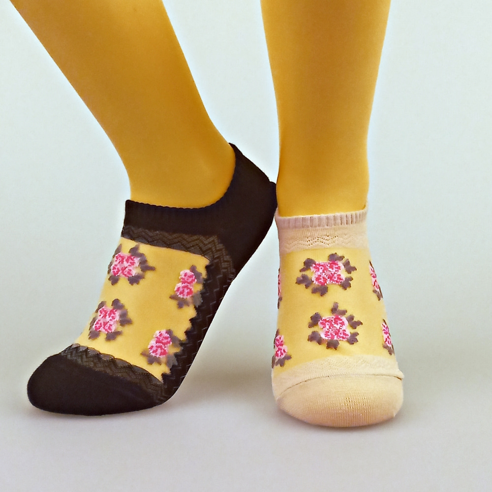 글로벌원 여자 장미 꽃무늬 시스루 실리콘 면 덧신 5color